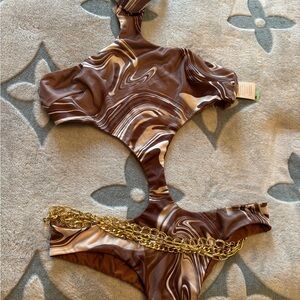 Brown Swirl Cutout Swimsuit with Gold Chain
